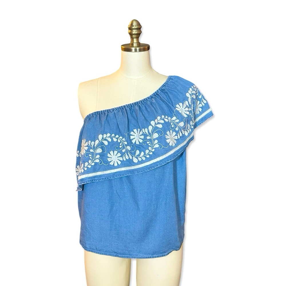 Rebecca Minkoff One Shoulder Ruffle Chambray Top